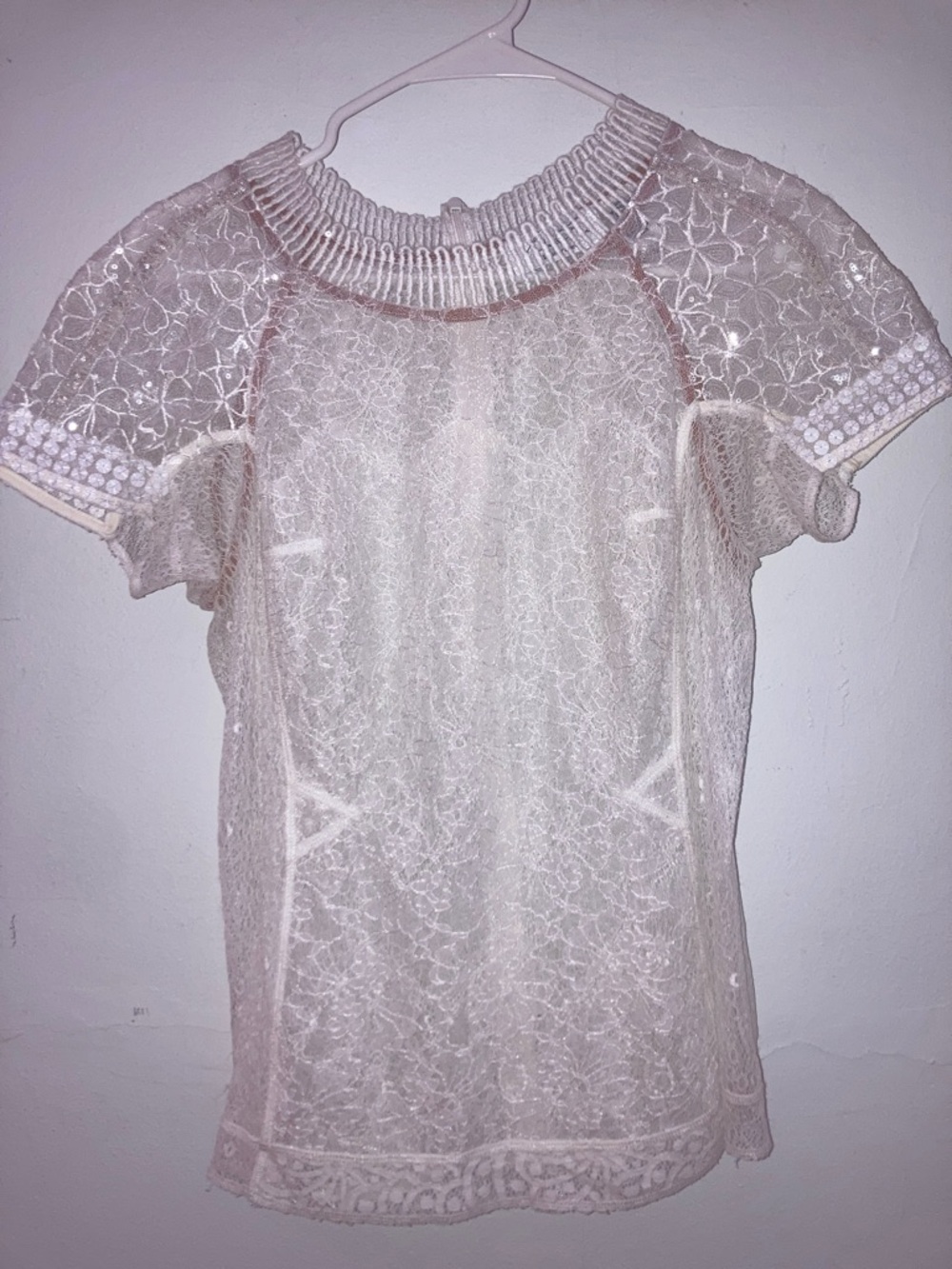 Byron Lars Ivory Dream Sequins Lace Short-Sleeve Blouse